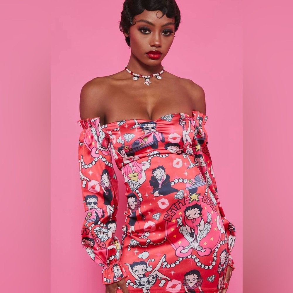 Dolls Kill x Betty Boop Red Satin Off Shoulder Mini Dress Puff Sleeve Large